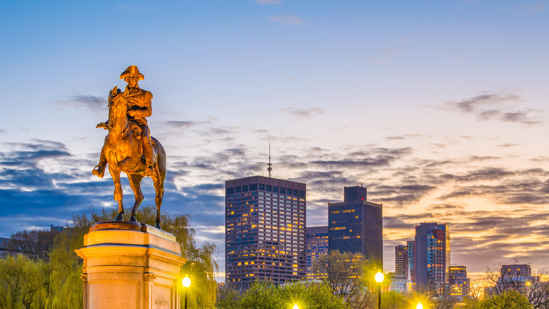 Paul Revere statue at sunset