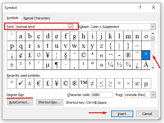 Inserting the Degree Symbol in Word