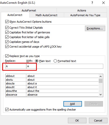 shortcut simbol plus minus di word