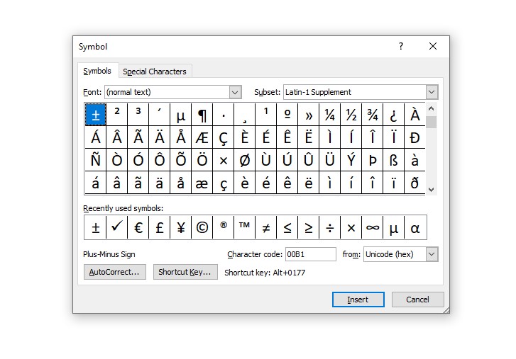 simbol kurang lebih plus minus di word