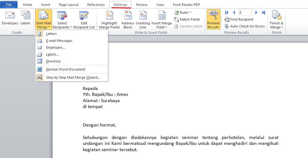 Cara membuat mail merge dari excel ke word