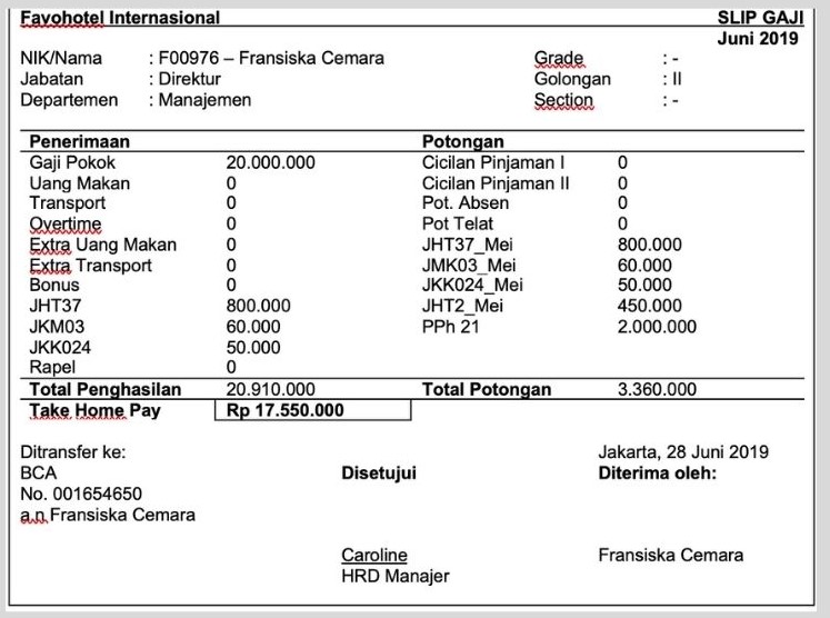 7 Contoh Slip Gaji Karyawan Hotel Terbaru Format Word Pdf