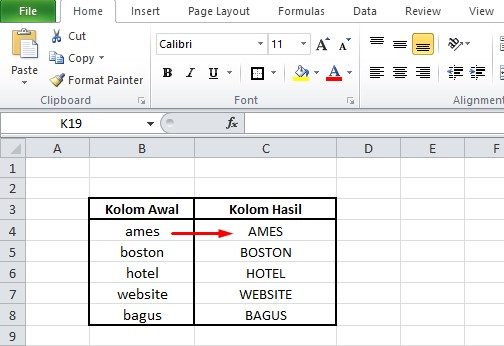 Hasil merubah huruf kecil ke besar di excel