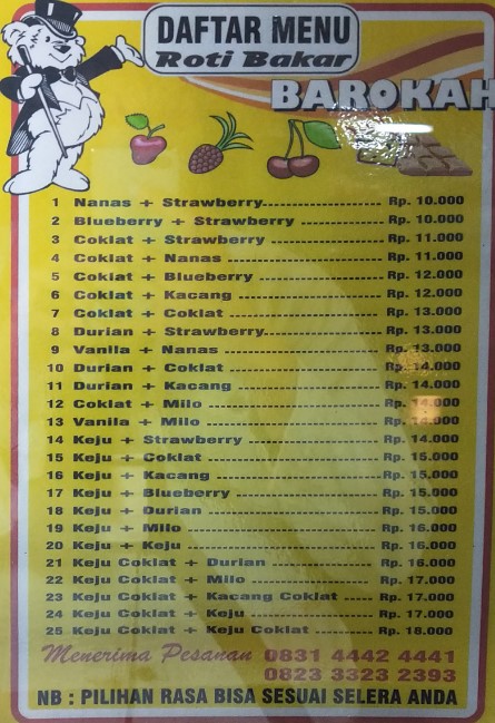 contoh daftar menu roti bakar kakilima