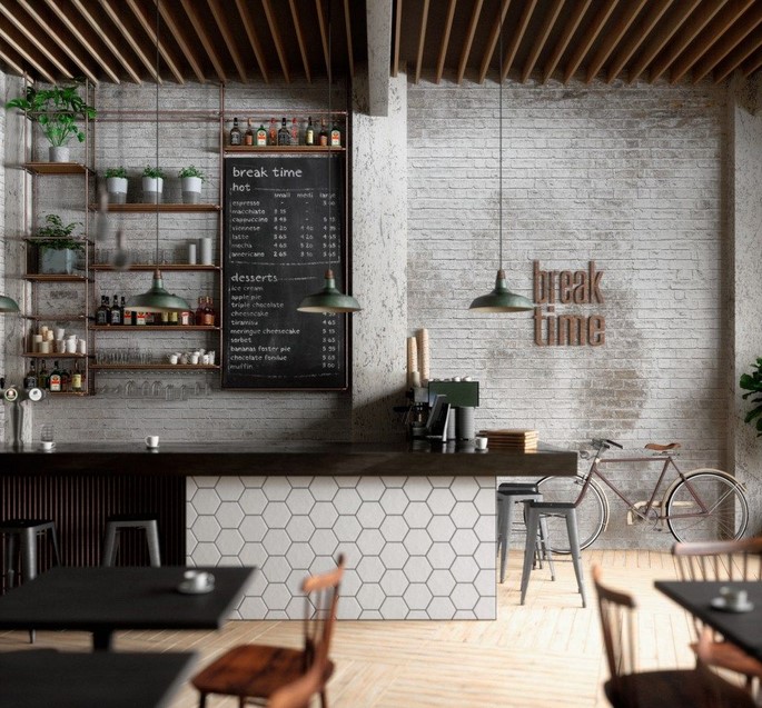 Desain Dinding Cafe Kekinian Batu Bata Industrial