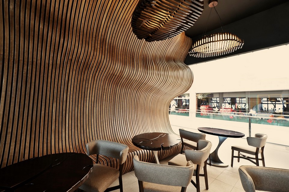 Desain Dinding Cafe Kekinian Kayu Futuristic