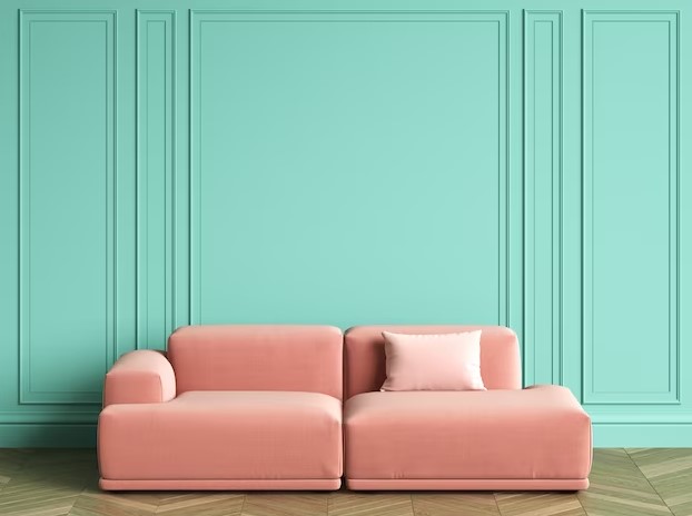 Tembok Biru Telur Asin cocok dengan Pink Salmon sofa